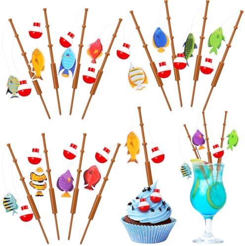Juinte 48 Pcs Fishing Birthday Party Decorations Included 24 Fish Cupcake Pole Picks and 24 Bobbers Little Fisherman Fishing Themed Party Supplies for Cake Topper Birthday Cocktail Decoration