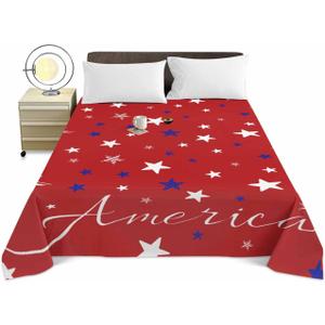 Queen Flat Sheet Only America Stars Independence Day Soft Microfiber Cooling Bedding Sheets White Blue Pentagram on Red Flat Bed Sheet for Hotel Home Bedroom Decor (Firebrick)