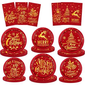 Merry Christmas Paper Plates and Napkins - 62pc Red and Gold Tableware for Winter Holiday Decoration