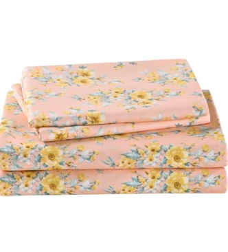 Floral Queen Sheet Set Yellow Flower Bedding Sheets Printed Sheets - 4 Piece Soft Microfiber Botanical Patterned Fitted Sheet with 15" Deep Pocket, Pink Queen Sheet