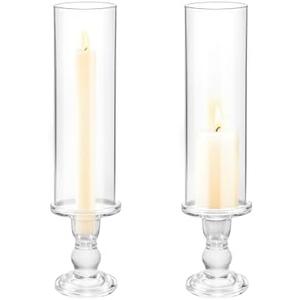 Clear Glass Hurricane Candle Holder Set of 2, 13.8 inch Tall Candlestick Holder for Taper Candles, Hurricane Glass Candle Holders for Table Centerpiece Wedding Party Dining Event Decor
