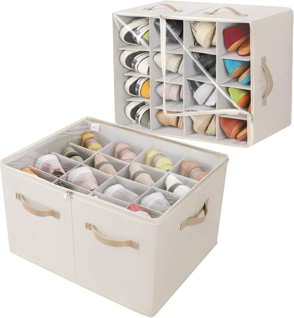 Shoe Organizer for Closet 2 Pack, Foldable Shoe Box with Adjustable Dividers and Clear Cover, Space Saving Shoe Storage Organizer Cabinet with Reinforced Handles, Fits 32 Pairs Beige TP12Y Shoe Organizer for Closet 2 Pack, Foldable Shoe Box with Adjustable Dividers and Clear Cover, Space Saving Shoe Storage Organizer Cabinet with Reinforced Handles, Fits 32 Pairs Beige TP12Y