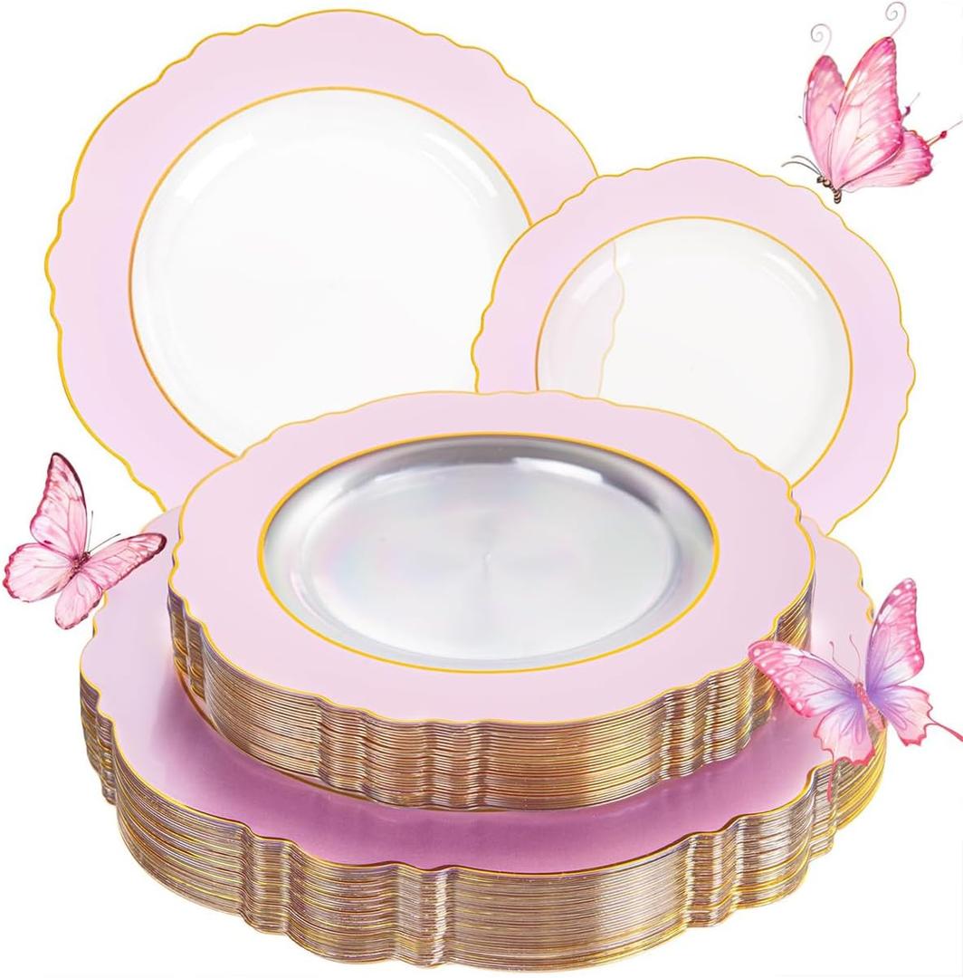 WDF 60Pcs Pink Plates Disposable with Gold Rim - Baroque Clear Pink and Gold Plastic Party Plates Ideal for Wedding/Baby Shower