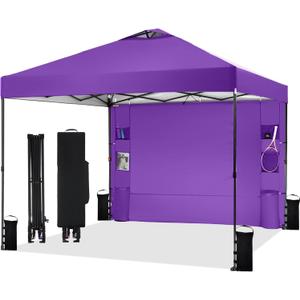 10'x10' Pop Up Canopy Tent with 1 Sidewall and 6 Pockets, One Push Setup, Instant Shade Tent with Vented Roof for Beach Patio Outdoor, Case, 8 Stakes, 4 Ropes, 4 Sandbags (Purple, 10x10)