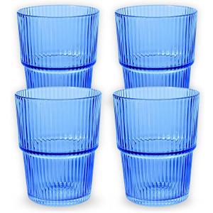 Ribbed Drinking Glasses Set of 4 - Stackable Glass Cups for Kitchen - Iced Coffee, Water, Juice & Mocktails - Aesthetic Water Tumblers Elegant Hostess Gifts Home Essentials (14 fl oz)