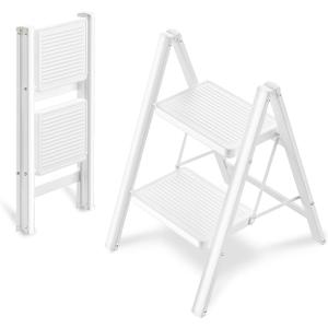 2 Step Ladder Folding Step Stool, OOSOFITT 330 Lbs Load Heavy Duty Stepping Stool for Adults, Small Two Step Ladder for Kitchen/Closet/Home Foldable, Lightweight Indoor Ladders with Wide Pedal White