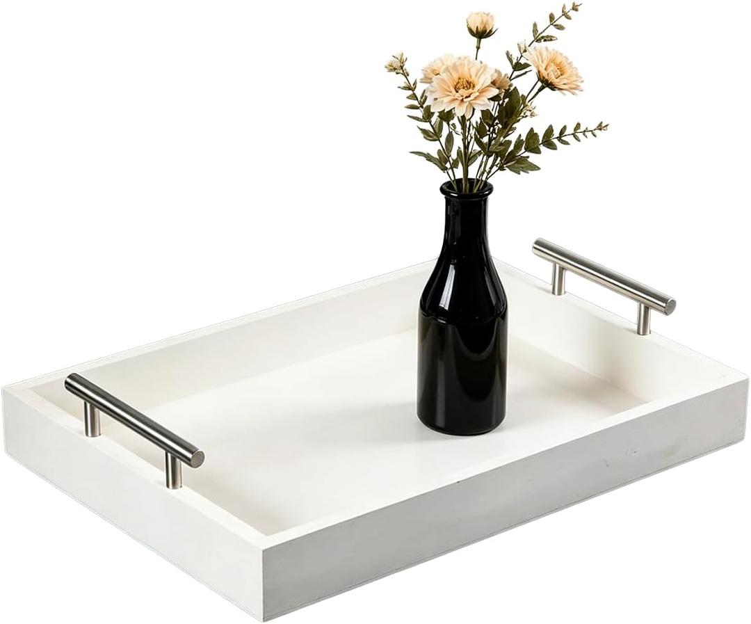 Serving Tray 16.5X 13 Deluxe Wooden Ottoman Food Tray for Eating, Dinner Trays for Eating on Couch Tray,Coffee Table with Polished Silver Metal Handles-4 Round Coasters Included, White