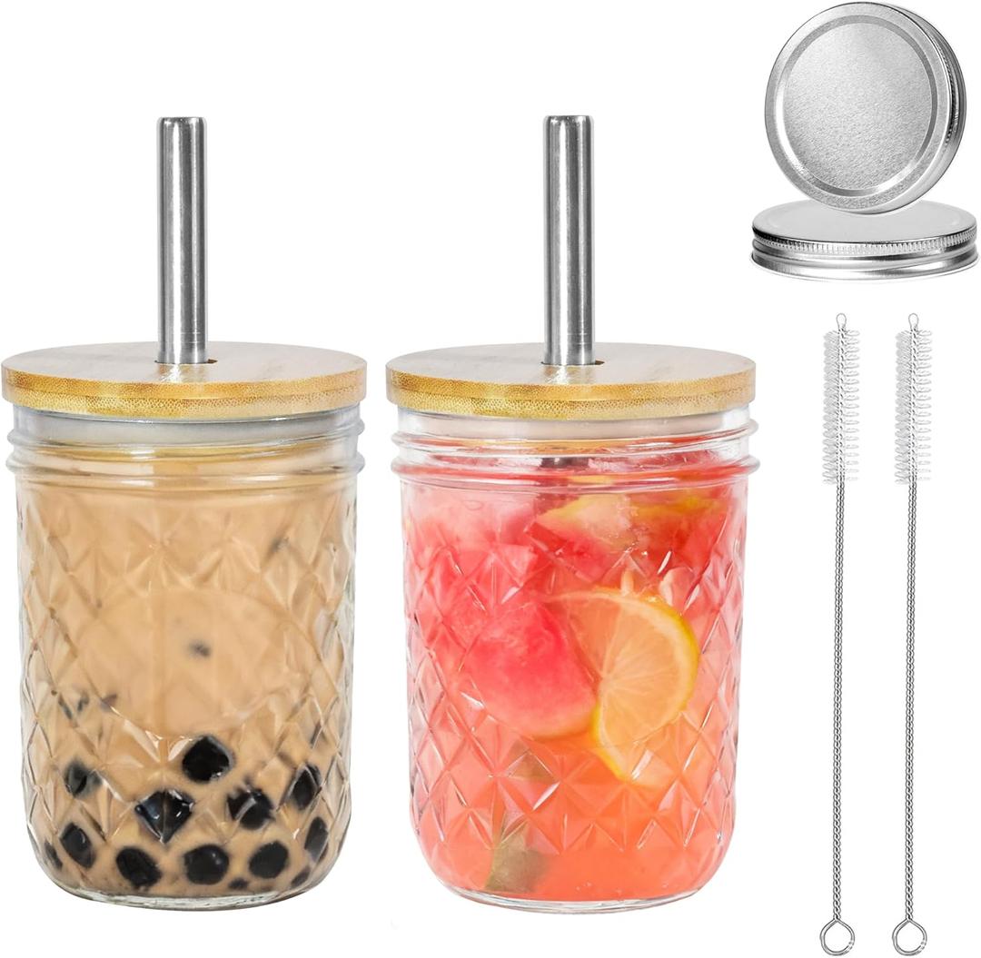 Reusable Tea Cups, 2Pcs 16oz Glass Mason Cup with Bamboo Lids, Wide Mouth Mason Jars for Iced Coffee, Smoothies, Tea, Juice, Milkshake