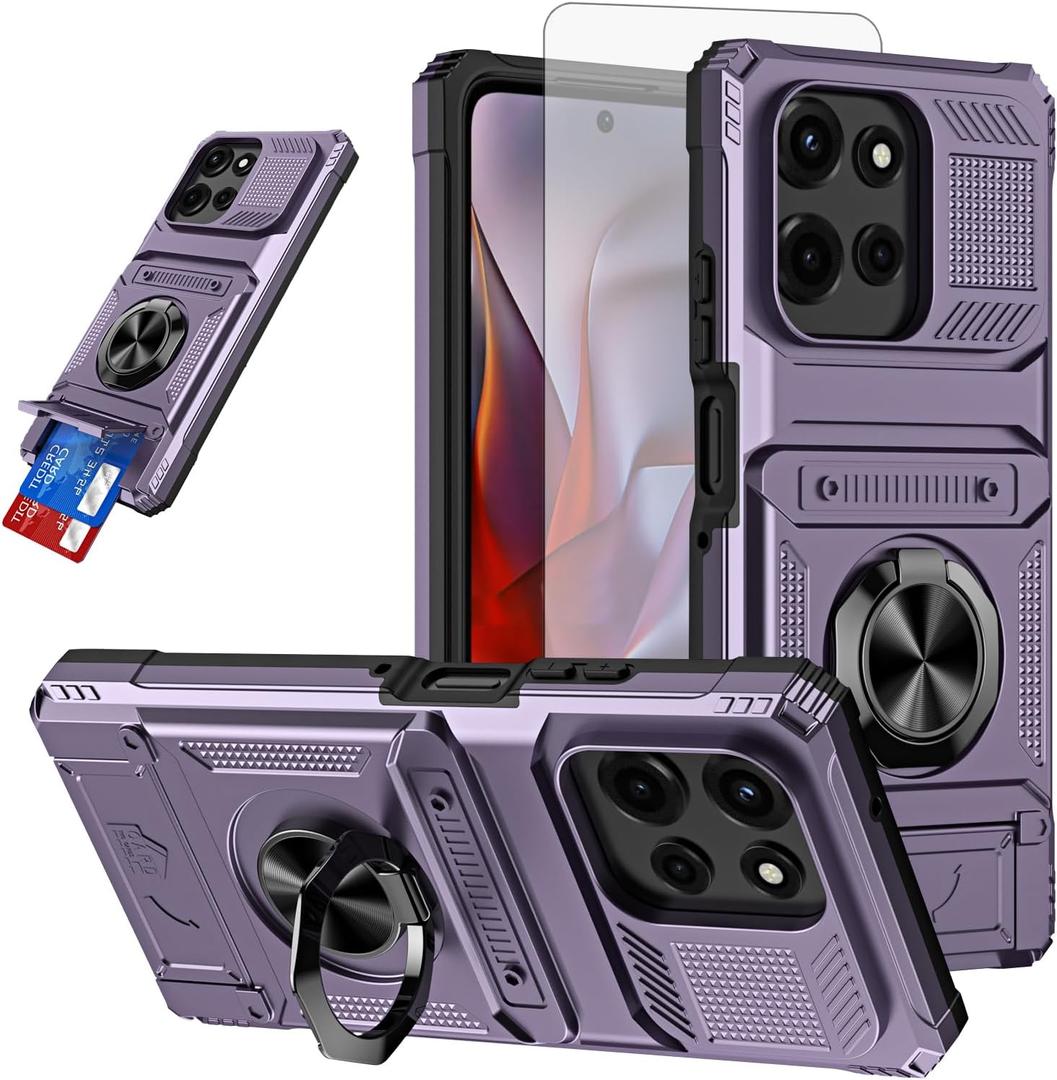Phone Case for Motorola Moto G Power 5G 2025 with Tempered Glass Screen Protector Card Slots Magnetic Ring Stand Shockproof Soft Silicone Bumper Hybrid Two Layer Defender for G5 Women Purple