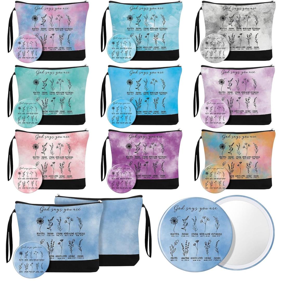 Kacctyen 20 Pcs Christian Gifts for Women 10 Colors Christian Makeup Bag Religious Compact Mirror Bible Verse Cosmetic Bag with Zipper Inspirational Pocket Mirror for Women Sister Church Member Gift