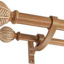 Wood Double Curtain Rods Set for Windows 72 to 144 Inches (6 to 12 ft), Adjustable Heavy Duty Dual Drapery Rods,1 Inch Boho Rustic Decorative Design with Imitation Wood Grain Leaf Finials
