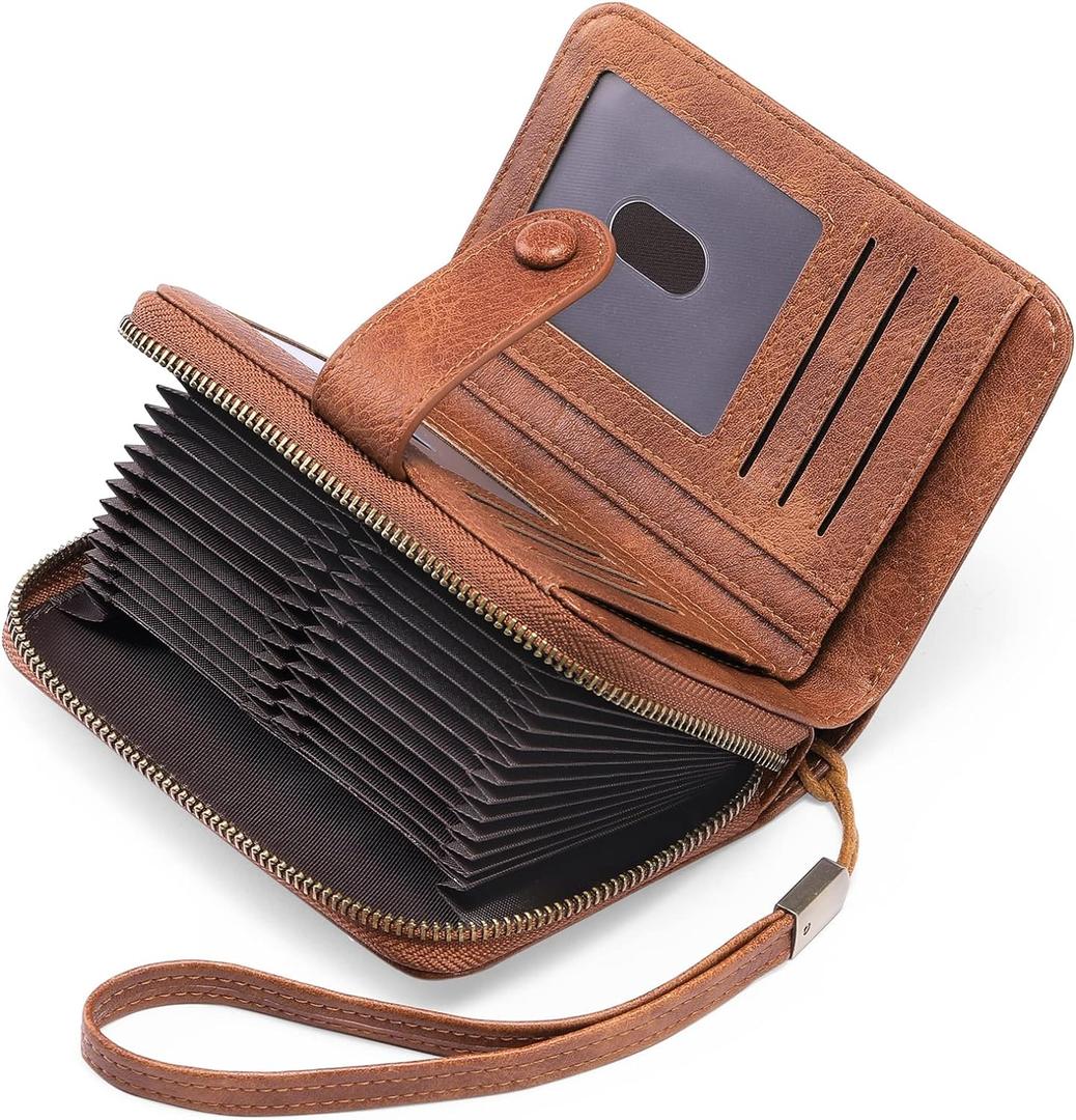 GAEKEAO Leather Credit Card Holder Wallet for Women RFID Blocking Large Capacity Bifold Zipper Card Case Organizer with Wristlet 32 Slots