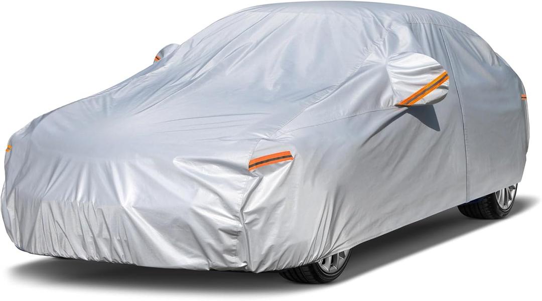 Kayme 6 Layers Car Cover Waterproof All Weather for Automobiles, Outdoor Full Cover Rain Sun UV Protection with Zipper Cotton, Size A2 3XL Universal Fit for Sedan (186-193 inch) (Aluminum-Silver)