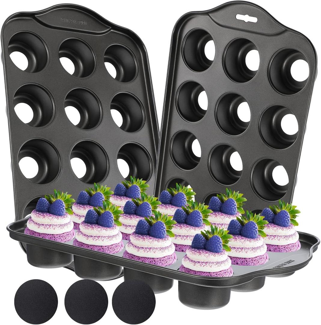 3-Pack Mini Cheesecake Pans Removable Bottom, 12-Cavity Mini Muffin Baking Pan, Carbon Steel Nonstick Round Cupcake Mold, 13" x 8"
