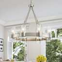 WUZUPS Wagon Wheel Chandelier 8-Light with Clear Glass Industrial Modern Farmhouse Round Light Fixture for Dining Room Kithen Island Foyer, Width 26" Height 22", Nickel