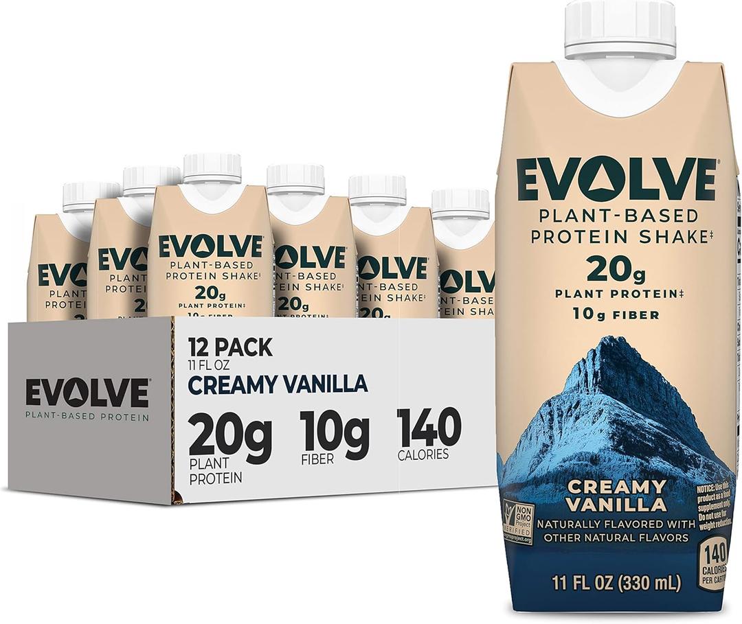 Evolve Plant Based Protein Shake, Vanilla Bean, 20g Vegan Protein, Dairy Free, No Artificial Sweeteners, Non-GMO, 10g Fiber, 11 Fl Oz (Pack of 12) (Formula May Vary) (EXP 09/23/26)