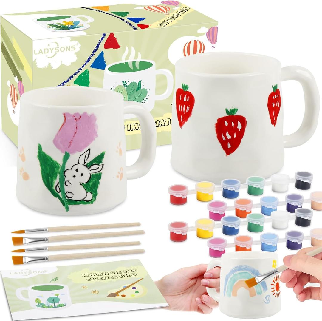 VENUSFILTER Paint Your Own Mug Kit - Pottery Painting Kit for Adults, Art and Crafts Kit Includes Mugs, Paints, Brushes and Painting Inspiration Guide, Personalised Gift for All2 Pack