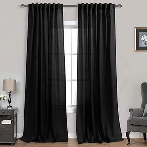 Mrs. Naturall Black Linen Curtains for Living Room 42x84 Inch Length 2 Panels Set, Back Tab Light Gray Sheer Curtain Drapes 84 Inches Long for Bedroom Home Office
