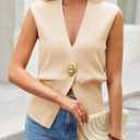 Cicy Bell Womens V Neck Sweater Vest Dressy Casual Knit Sleeveless Shirts Slim Fit Lightweight Button Fall Tops (Beige, M)