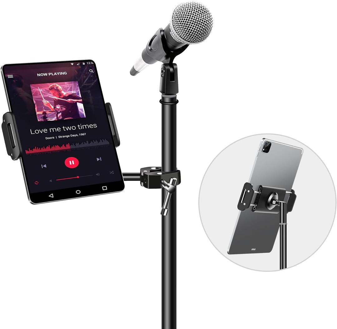 Elitehood Aluminum iPad Holder for Mic Stand, Side Mount iPad Music Stand Holder for Microphone, 360 Swivel Tilt Adjustable Mic Tablet Mount for 4-13in iPhone, Cell Phones and Tablets (Black)