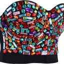 Charmian Women's Colorful Rhinestone Push Up Bra Clubwear Party Bustier Crop Top Valentines Bra Top Black Large