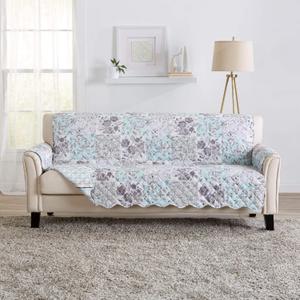 Great Bay Home Reversible Floral Patchwork Furniture Protector - Machine Washable, Scalloped Edge, Stain Resistant, Printed Furniture Cover for Dogs, Kids, and Pets (Sofa, Gray/Aqua)