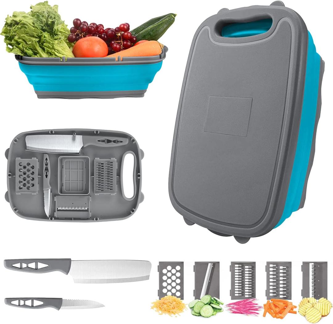 HI NINGER camping cutting board, Collapsible Chopping Board with Colander, 9-In-1 Multi Chopping Board Kitchen Vegetable Washing Basket for Camping,Camping Gifts Camping Accessories for RV Campers (Blue grey)