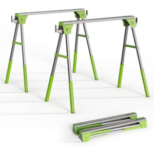 Adjustable Height Sawhorse 2 Pack, Folding Portable Saw Horses with 30-34 inch Adjustable Legs, Heavy Duty Steel Pro Bench Saw Horse for Woodworking, Carpenters, Contractors, Fully Assembled (green)