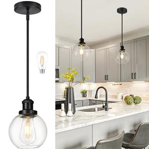 Bagood 6 Inch Black Mini Hanging Pendants Light Contemporary Globe Pendant Kitchen Island Modern Pendant Lights with Clear Glass Adjustable Hanging Light Fixture for Dining Room Bedroom (Bulb Incl.)