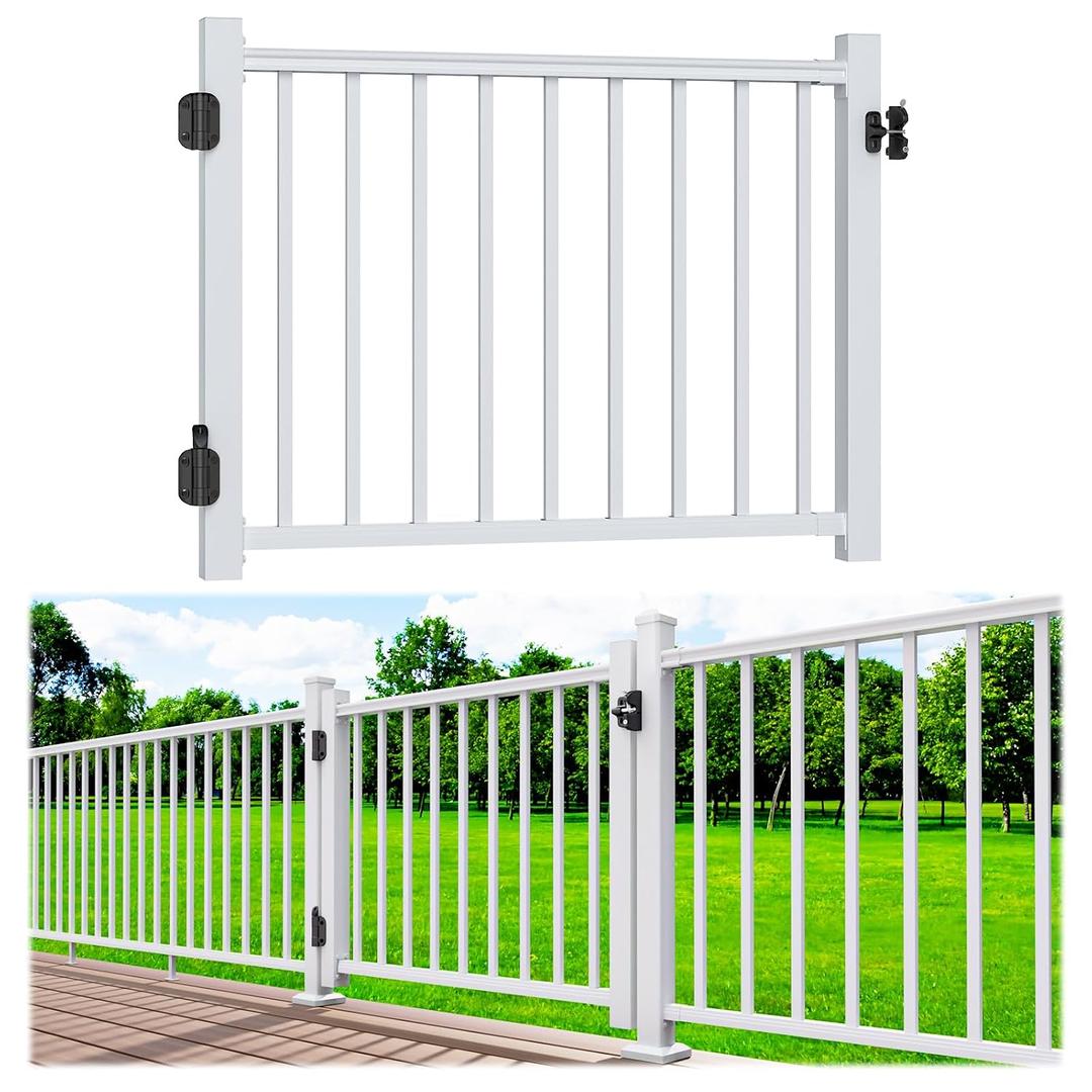 Egadis 4 ft. W Aluminum Deck Gate Kit for 36". H Railing, Cuttable White Textured AAMA2604 Powder-Coat Finish Outdoor Gate Kit with Latch and Auto-Closing Hinge for Deck, Patio, Garden, Yard, Porch