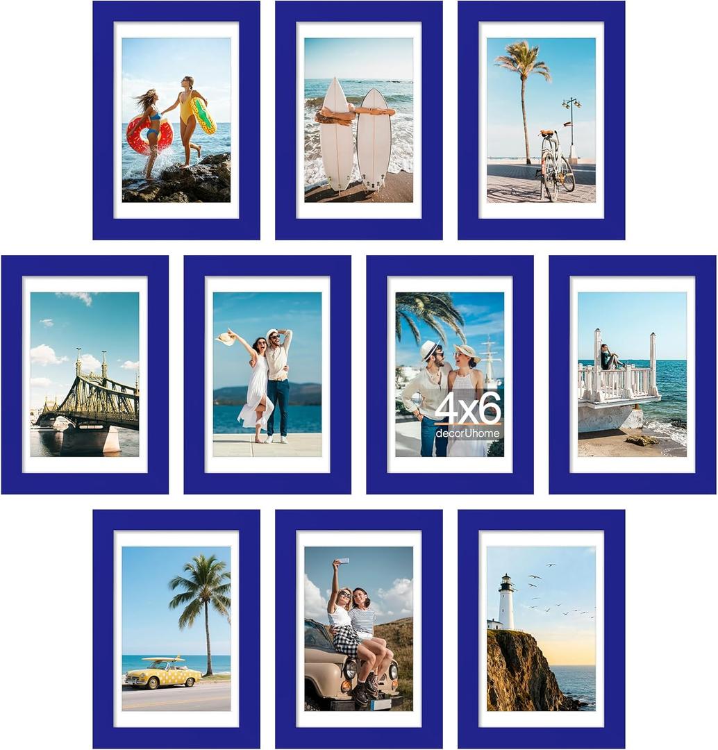 DecorUhome 4x6 Picture Frame Set of 10, Display Photos 3.5x5 with Mat or 4x6 Unmatted for Picture Frames Collage Wall Decor, Royal Blue