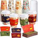 Lallisa 90 Pack 12 oz Thanksgiving Paper Coffee Cups with Lids and Sleeves Fall Disposable Coffee Cups Bulk for Autumn Thanksgiving Hot Cold Beverage Drinking Party Supplies(Stylish Style)