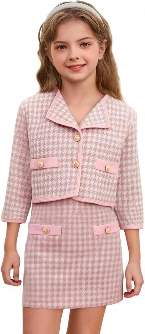 WDIRARA Toddler Girl's 2 Piece Houndstooth Button Front Long Sleeve Round Neck Jacket and Skirt Outfits Set (5T, Pink)