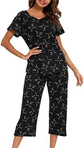 ENJOYNIGHT Women's Pajama Sets Cotton Summer Pjs Tops with Capri Pants Sleepwear, M