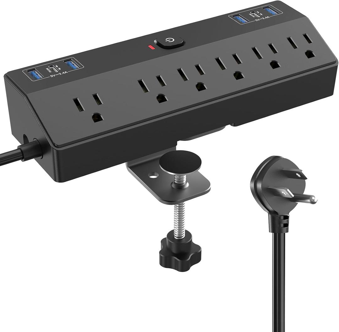 Desk Clamp Power Strip with 40W Fast Charging Station, JXGUCAT Removable Desk Clamp Mount Power Strip Surge Protector, 2 USB-C Ports, 6 AC Outlets and 10ft Cord, Fits 1.8" Tabletop Edge, Black