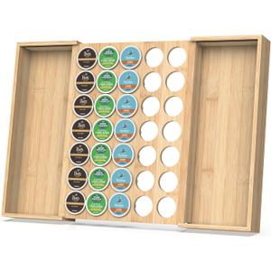 Larger Expandable Bamboo Coffee Pod Holder for Counter Drawer Display, 35 Pod Capacity, K-Cup Pods - Tea Bags Storage Organizer Holder (Bamboo)-11.6"-19.8"Wx15.36"Dx2.37"H