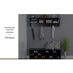 Prepac 60" Contemporary Wall Mounted Coat Rack, Coat Hooks Wall Mount with 4 Shelves, Ideal for Hallway or Entryway Storage Solution, 11.5"D x 60"W x 16.5"H, Black