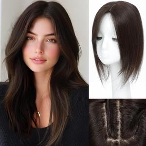 Hair Toppers for Women Real Human Hair, 360 3D Human with Thinning Upgrade Middle Part Clip in Bangs Topper Hair Pieces for Women Daily(Medium Dark Brown, 14 Inch-3D-Side)