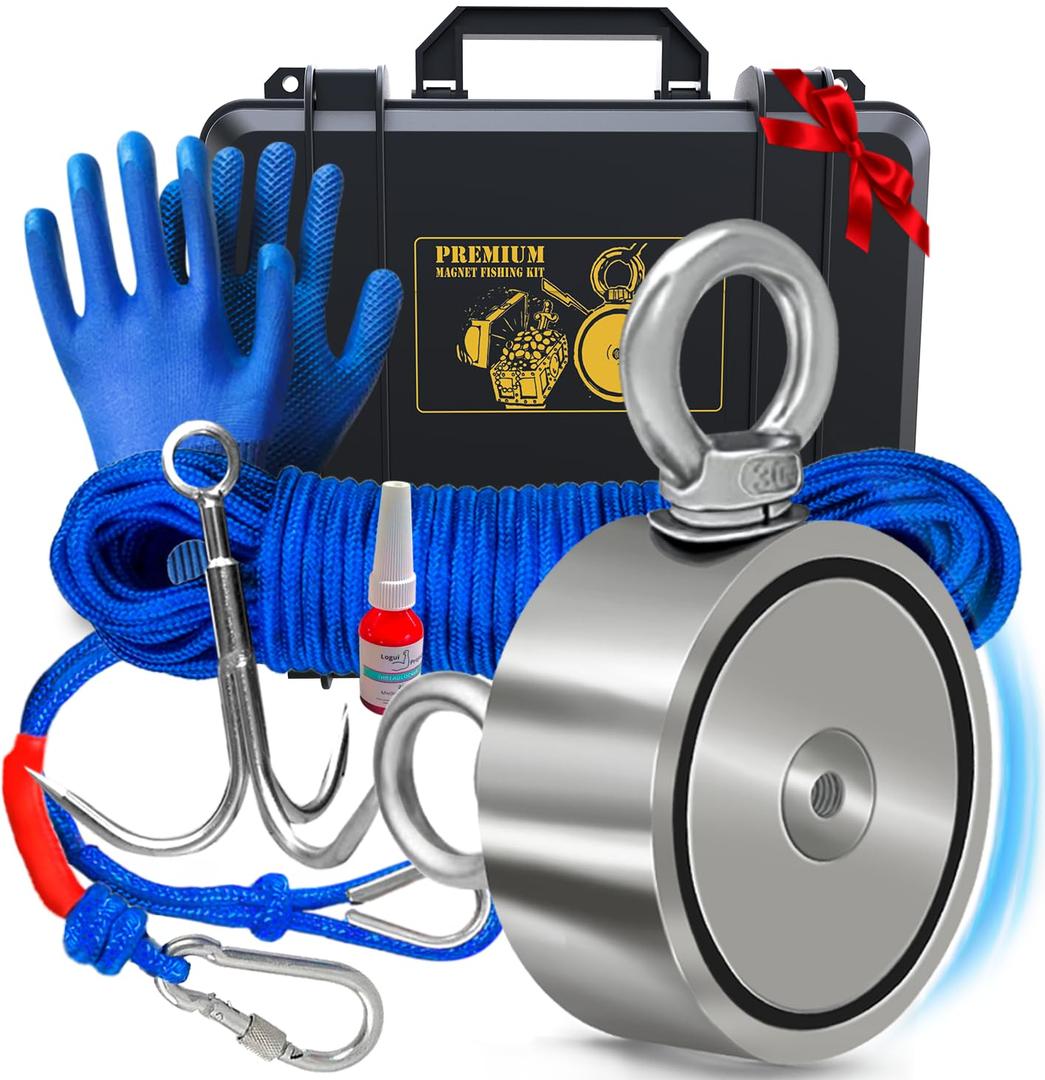 1200 LB Magnet Fishing Kit with Case - 2 Fishing Magnets in 1 (Double Sided Magnet) - with Grappling Hook, Heavy Duty 65FT Rope, Gloves, Carabiner and Foldable Bucket.