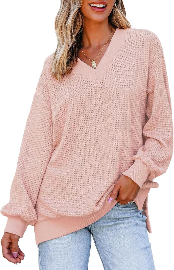 Dokotoo Women's V Neck Long Sleeve Waffle Knit Tops Off Shoulder Oversized Pullover Sweater (XX-Large, Pink) Dokotoo Women's V Neck Long Sleeve Waffle Knit Tops Off Shoulder Oversized Pullover Sweater (XX-Large, Pink)