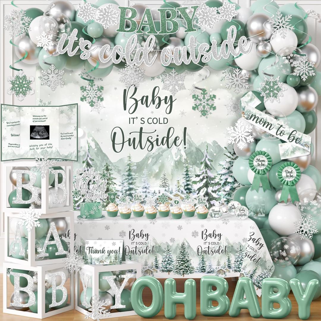 Baby Its Cold Outside Baby Shower Decorations, Green Winter Baby Shower Decorations Winter Wonderland Tablecloth Banner Backdrop Balloon Box Cupcake Topper Hanging Swirl for Boy Girl Gender Reveal