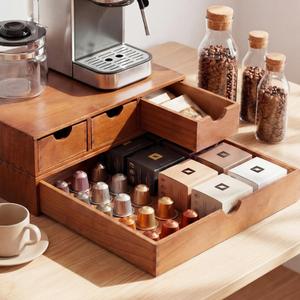 Wooden Pod Holder Drawers Double Layer Coffee Storage Box Pod Tea Organizer Detachable Wood 3 Drawers Design for Machine Stand Home Kitchen Countertop Large Capacity