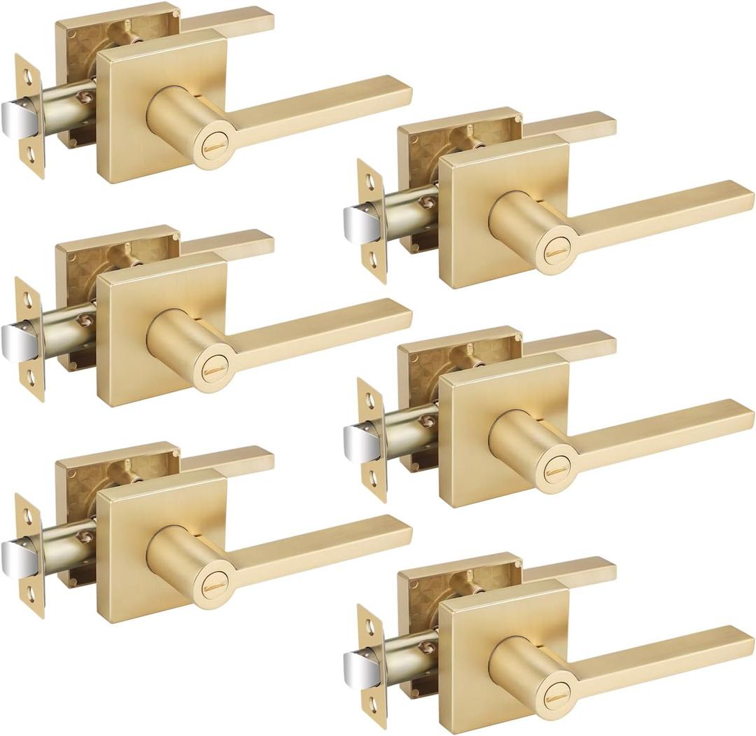 EHOMEWARE 6 Pack Gold Door Handles, Satin Brass Door Knobs Interior Privacy Function Without Keys, Bedroom Bathroom Door Levers Interior for Left or Right Handed Doors, Gold Modern Door Levers