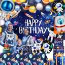 Outer Space Birthday Party Decorations Space Theme Set with Backdrop, Tablecloth, Rocket & Astronaut Foil Balloons, Star Balloons, Cake Topper, Latex balloon for Kids Boys Party