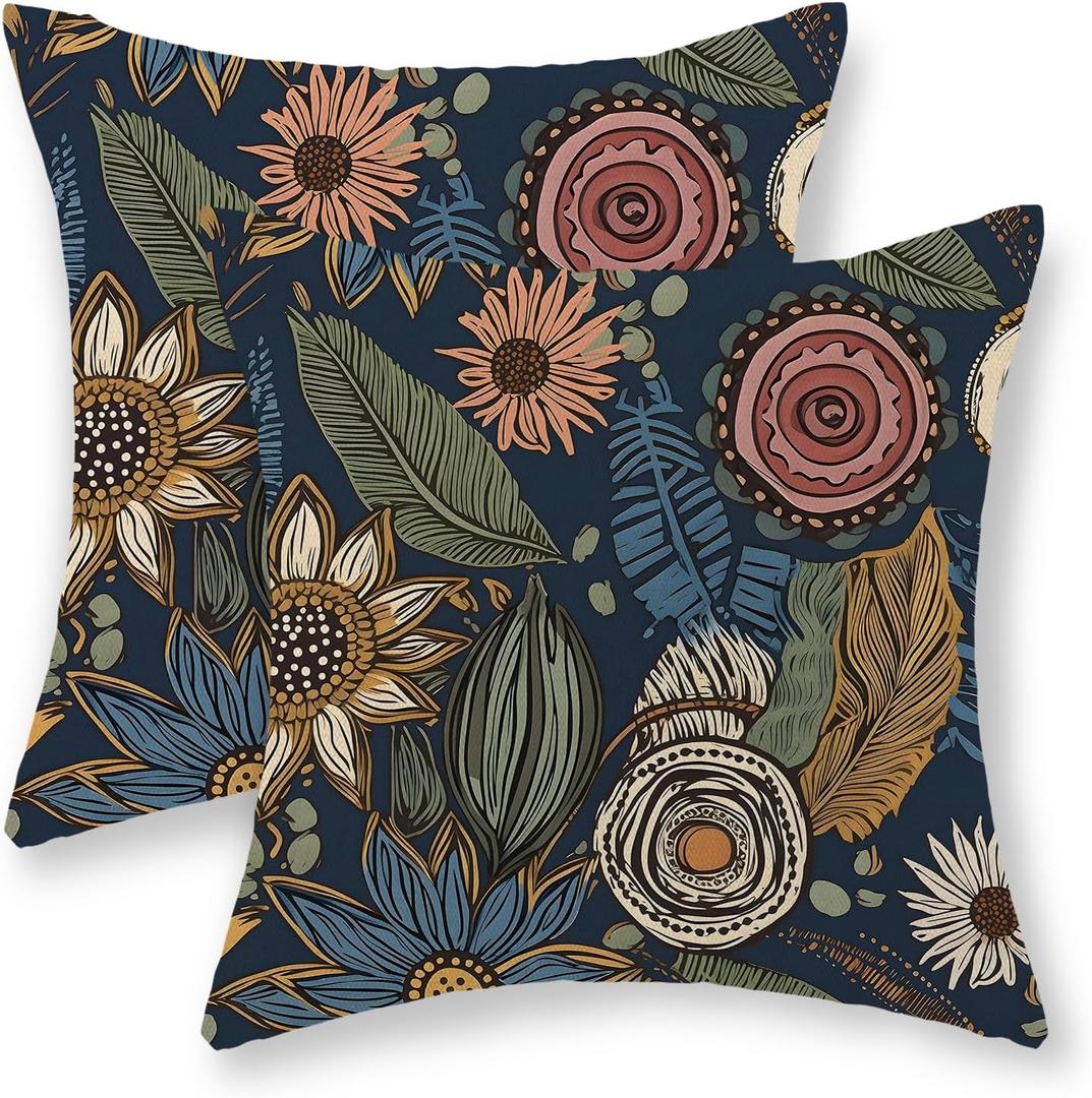 Boho Pillow Covers 18x18 Inch Set of 2 Vintage Floral Blue Throw Pillows Bohemian Paisley Botanical Flower Decorative Pillow Cases Farmhouse Linen Outdoor Cushion Case for Couch Sofa Decor