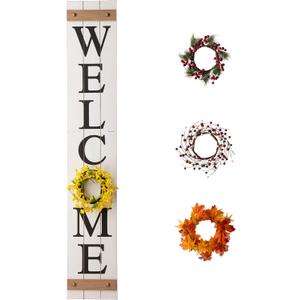 Glitzhome Welcome Sign with 4 Interchangeable Floral Wreaths for Front Door Porch, Farmhouse Wooden Hanging Wall Sign for Seasons Spring Fall Harvest Thanksgiving Christmas, 60H, White