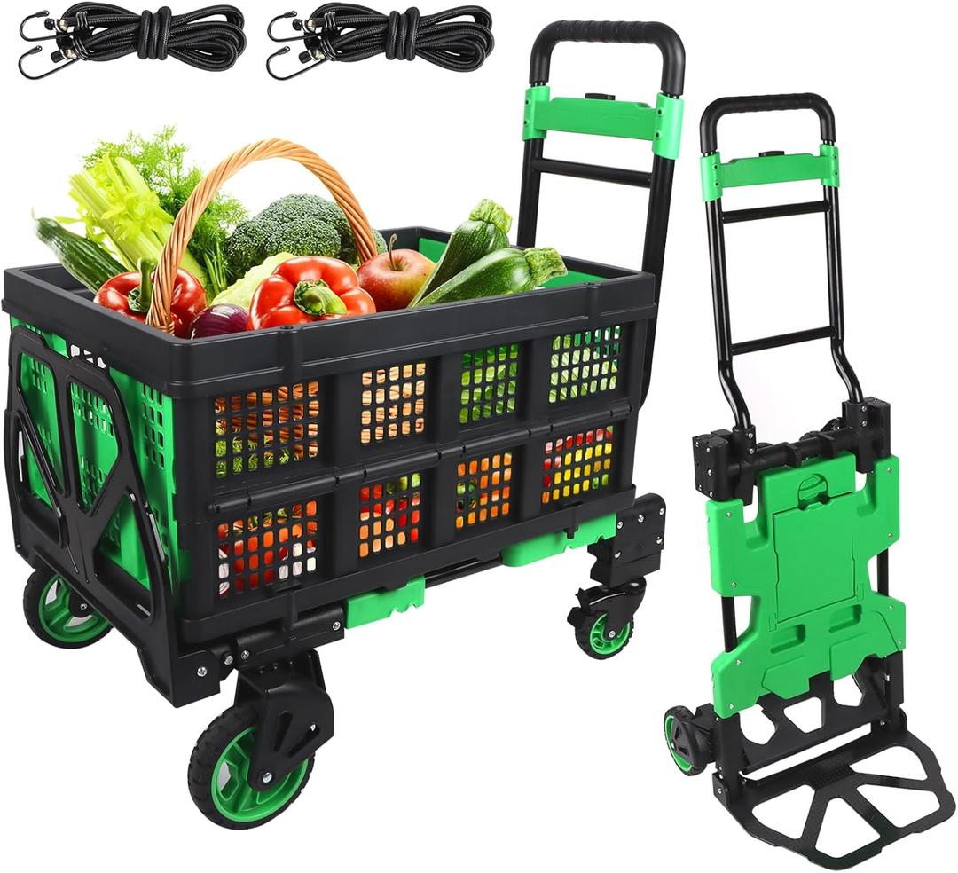 Lanstics Folding Hand Truck, Multi-Functional Collapsible Shopping Cart with Basket, Green Storage Wagon Cart Folding Trolley for Groceries Shop Warehouse Use Portable Carts for Picnic Camp