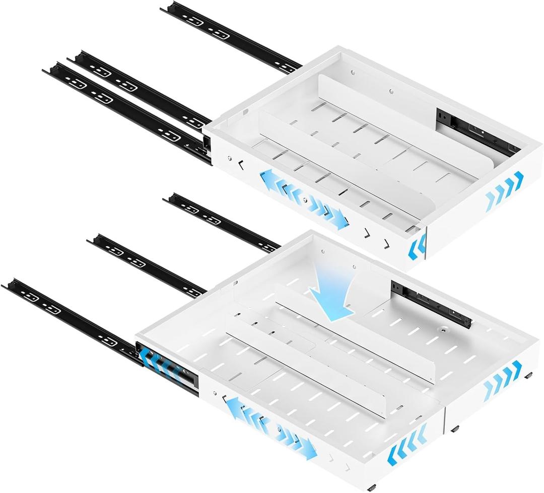 1 Pack Pull Out Cabinet Organizer Expandable (12.4"-20.08")W & (16.26"-22.44")D, No Drill Slide Out Drawer with 3 Slide Rails, 2Pcs Magnetic Panel, Adhesive Roll Out Shelf for Kitchen, Pantry