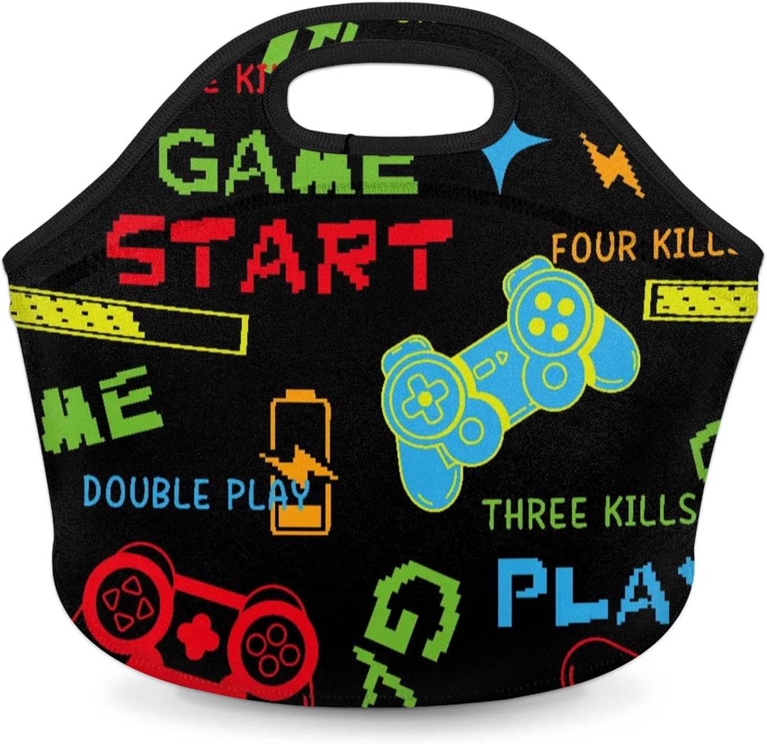 Boys Lunch Bags Neoprene Kids Lunch Box Game Theme Reusable Waterproof Lunch Tote Organizer for Work Outdoor Travel Camp Picnic