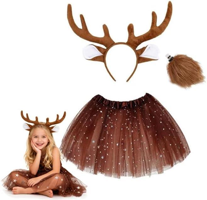 Yinxiang Jie Deer Antler Headband Set Realistic Deer Antler Headband reindeer ears small tail and short skirt Christmas party role-playing, reindeer set Christmas Eve costume gift